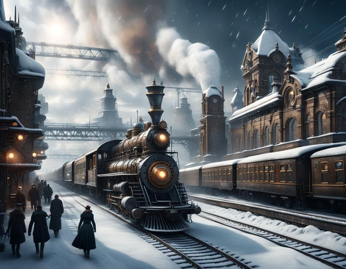 Winter snowy Steampunk city with trains leaving