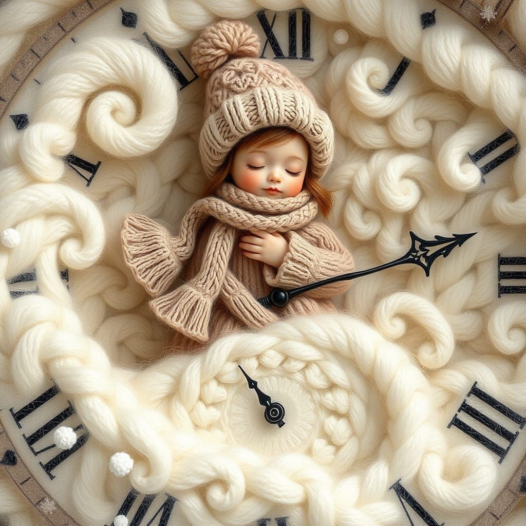 Little Girl in Vintage Clock Scene, Cozy Winter Wonderland