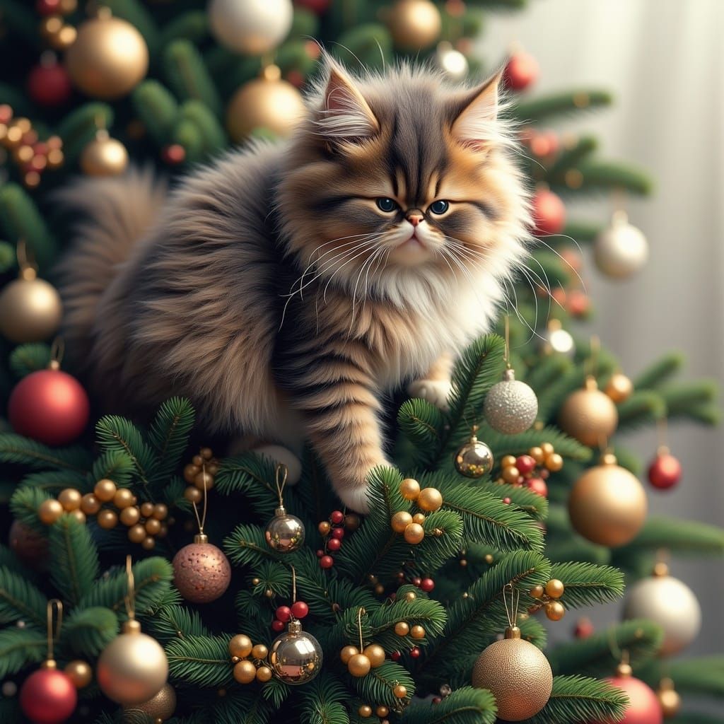 Cute Cat Hangs on Curved Christmas Tree Top
