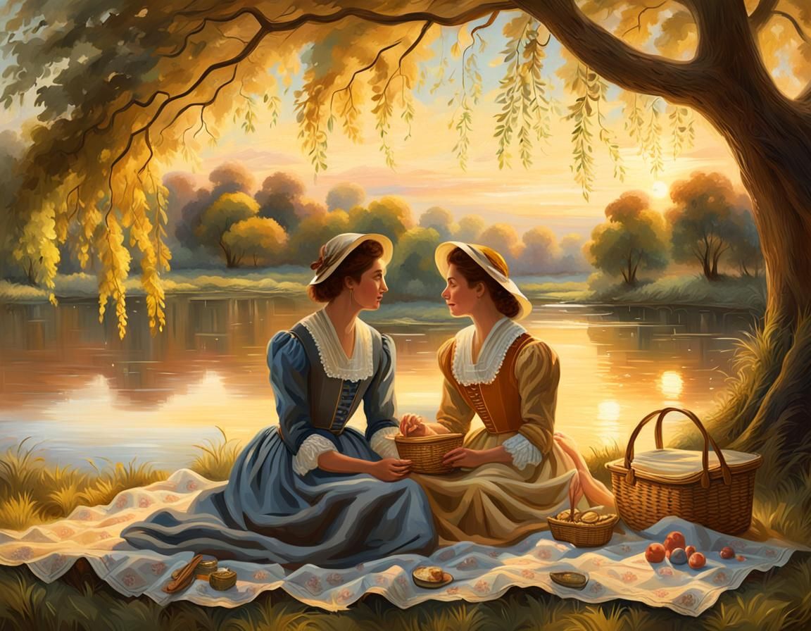 Idyllic Colonial Women Share Tender Moment by Gentle River