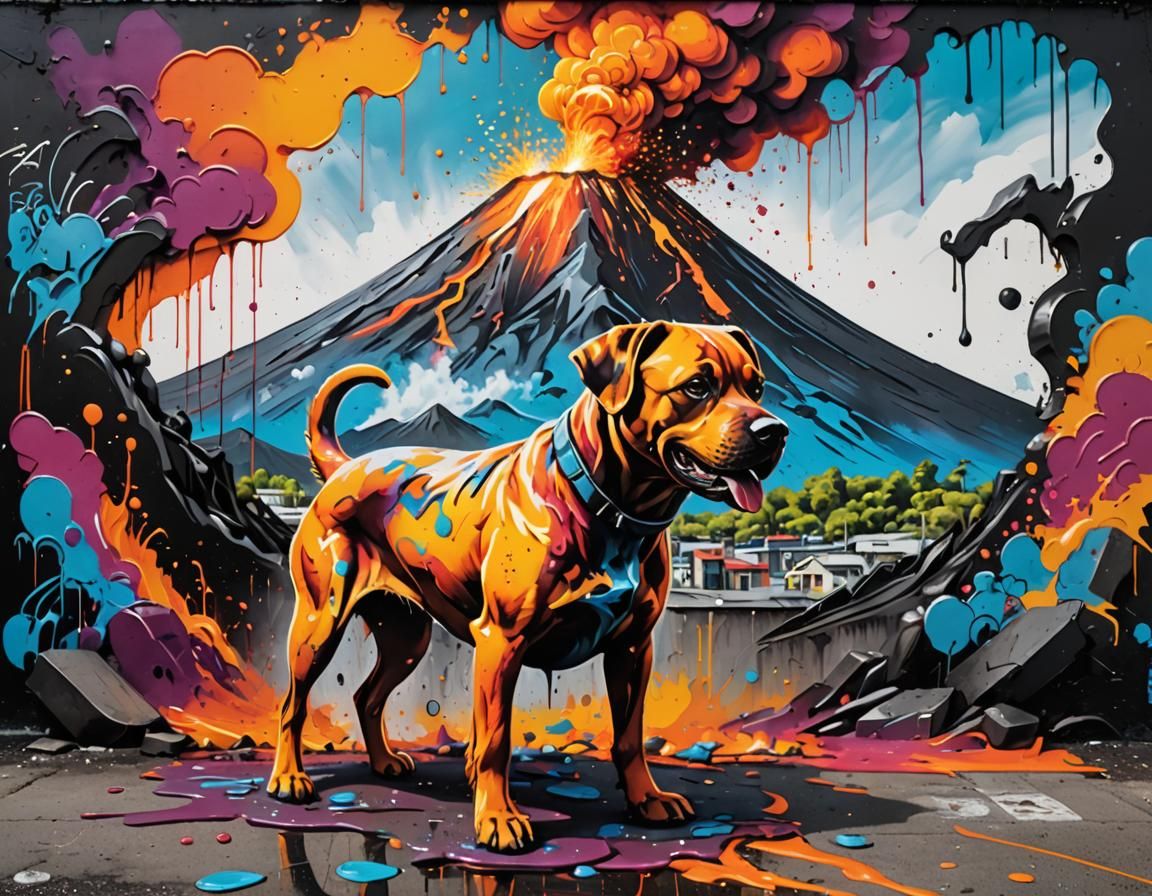 Vibrant Street Art of Dog Amidst Volcanic Landscapes