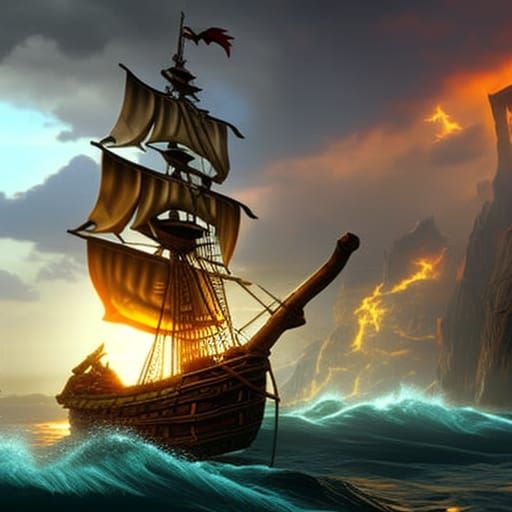 Majestic Pirate Sailing in Dark Fantasy Storm