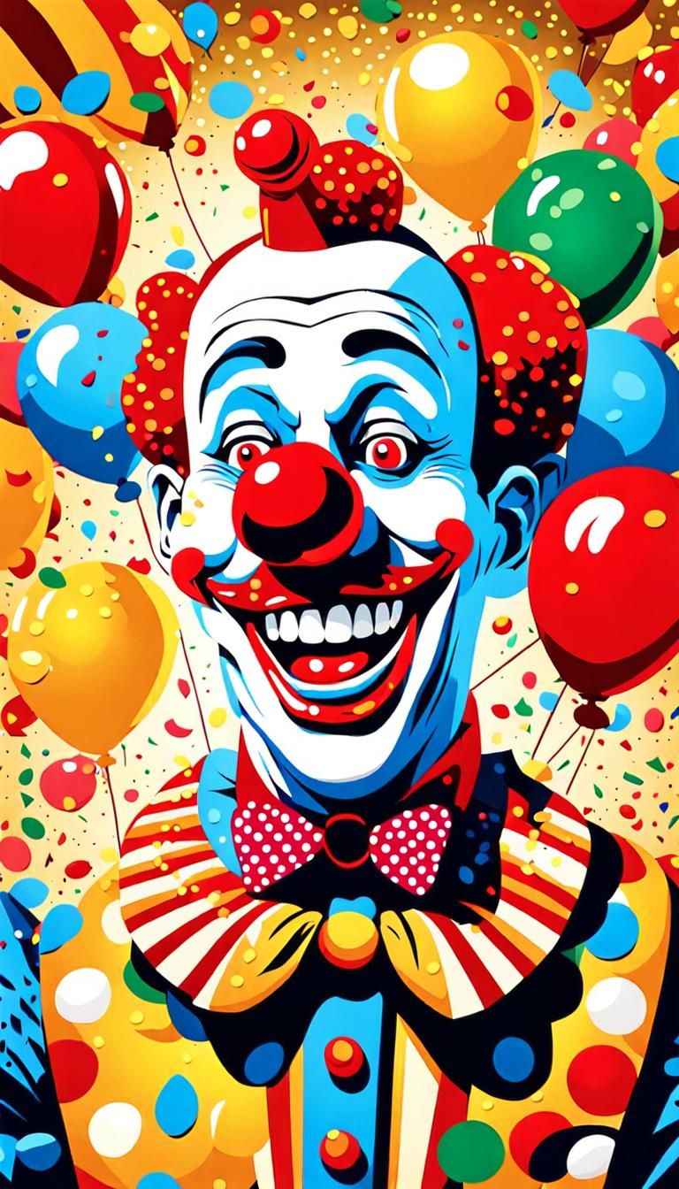 Vibrant Pop Art Clown Popping Up with Exaggerated Smile and....