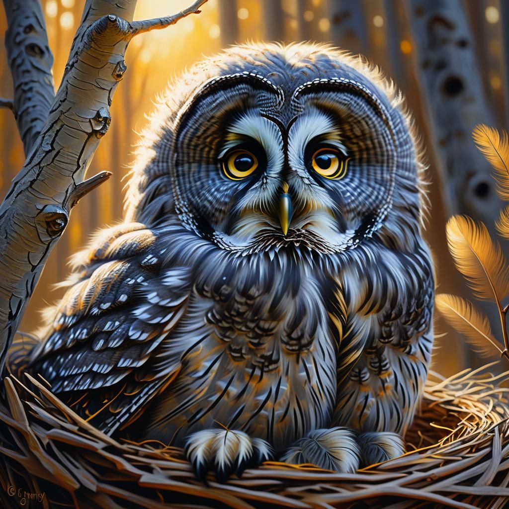 Majestic Baby Great Grey Owl Nest Scene in Oil Painting