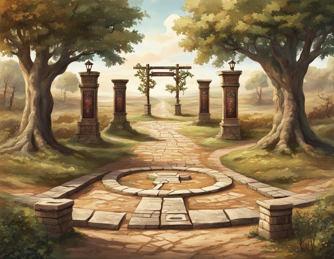 Ancient Crossroads Scene in 1800s Style