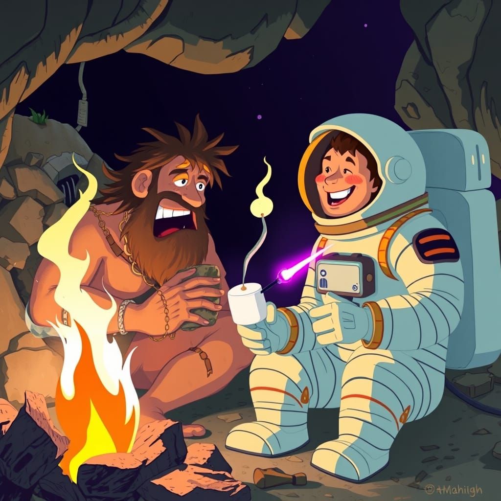 Caveman and Astronaut Share Fire, Primitive Meets Future