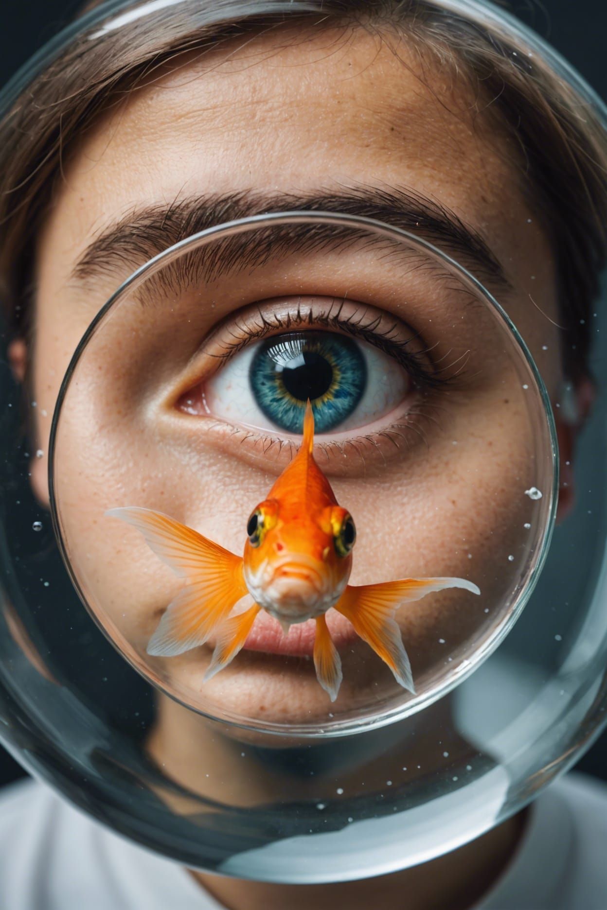 A Person Contemplates a Red Goldfish in a Glass Bowl