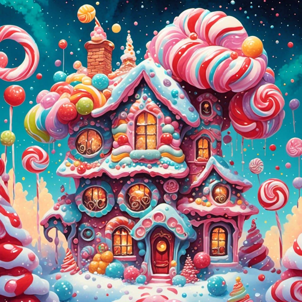 A Whimsical Candy House Scene in Vibrant Christmas Colors