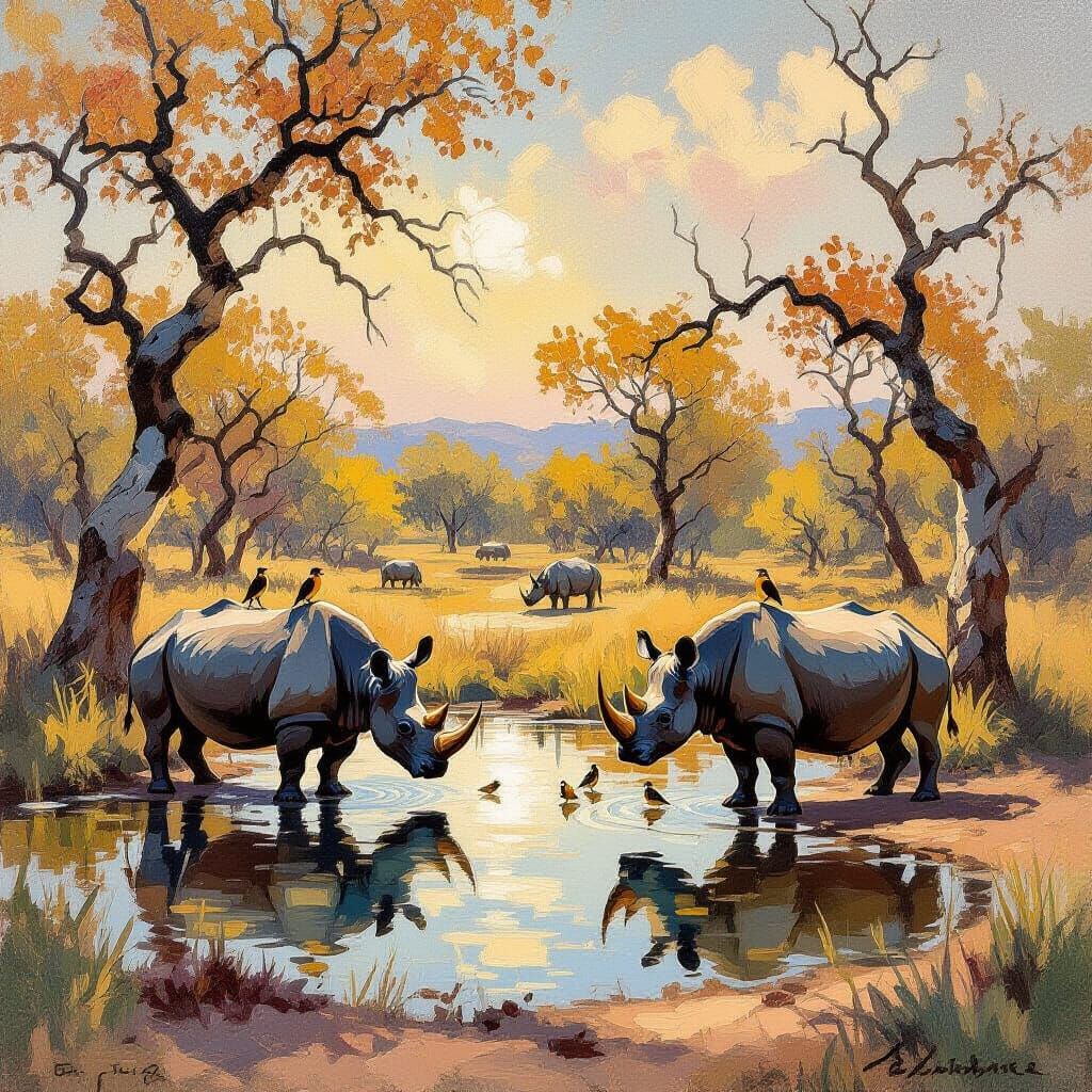 Rhinos and Oxpeckers at Waterhole, Impressionist Oil