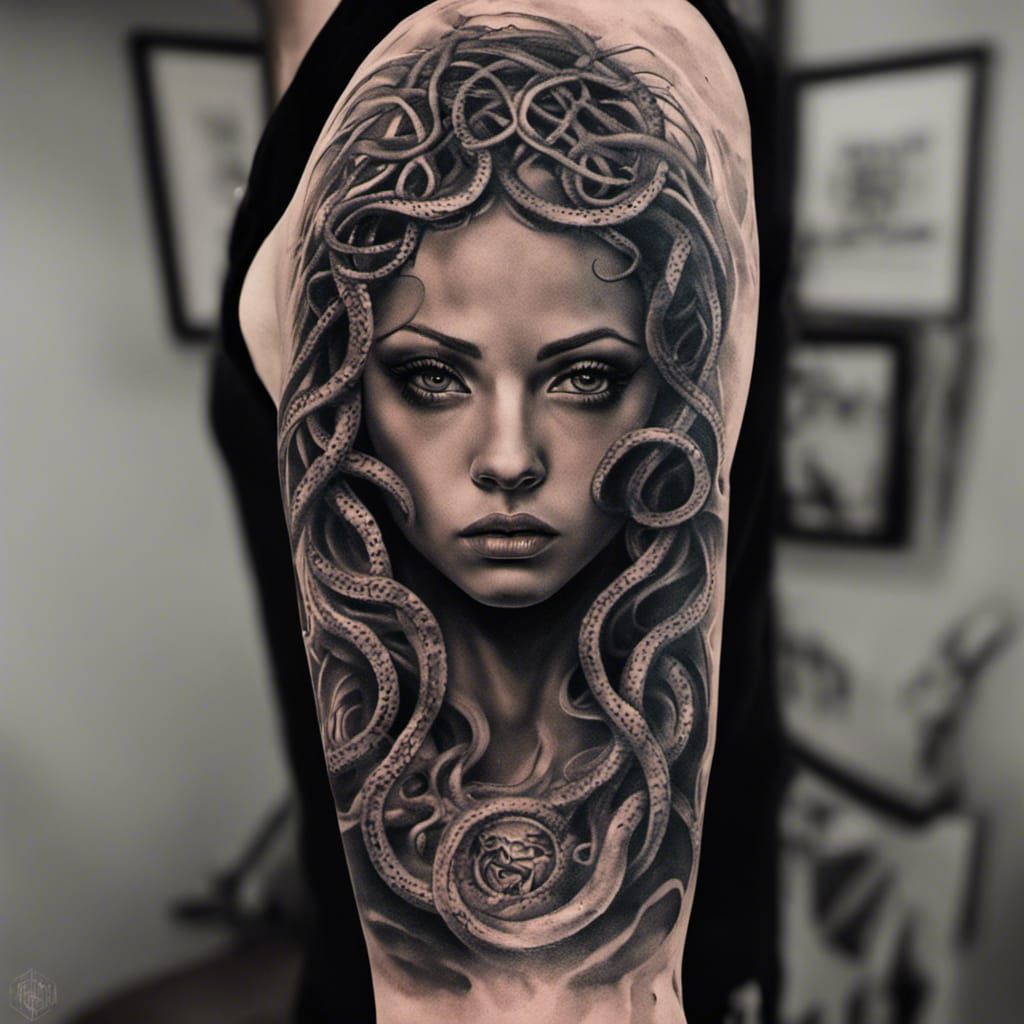 Dark Realism Medusa Arm Sleeve Tattoo in Hyperrealistic Styl...