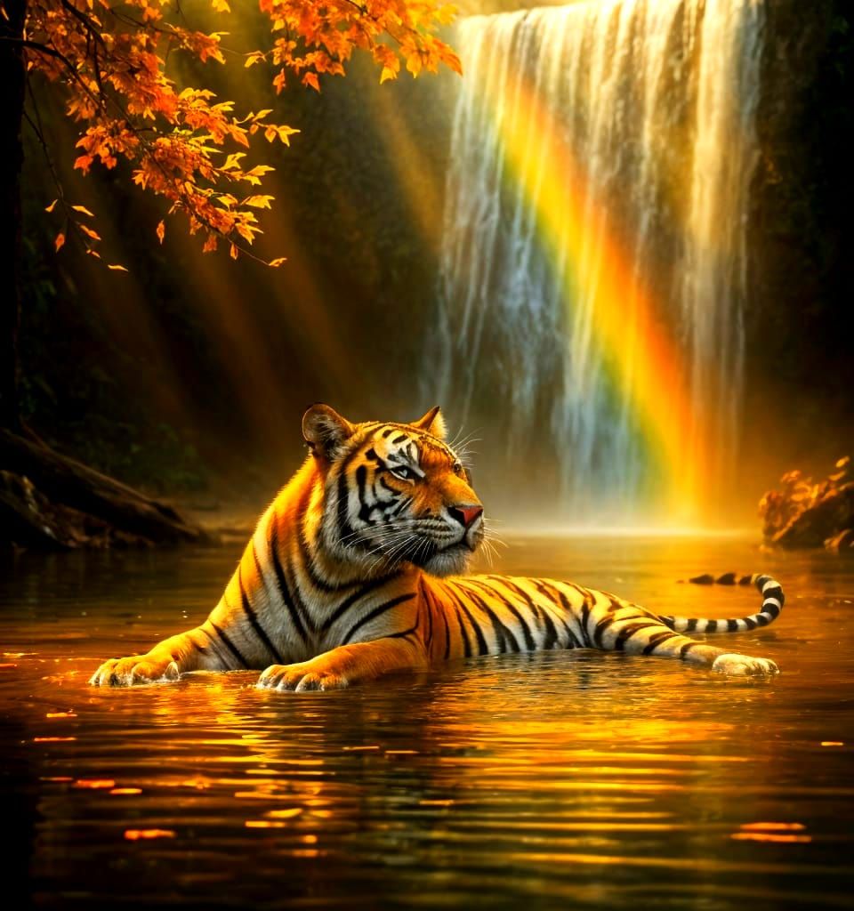 A majestic Bengal tiger lounges in a shallow forest pool ben...