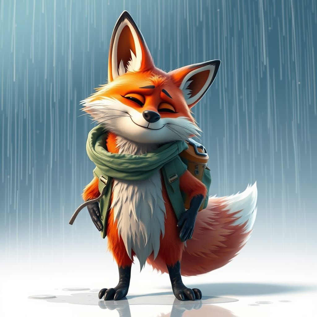 Drenched Cartoon Fox in Adventure Gear: 3D Render