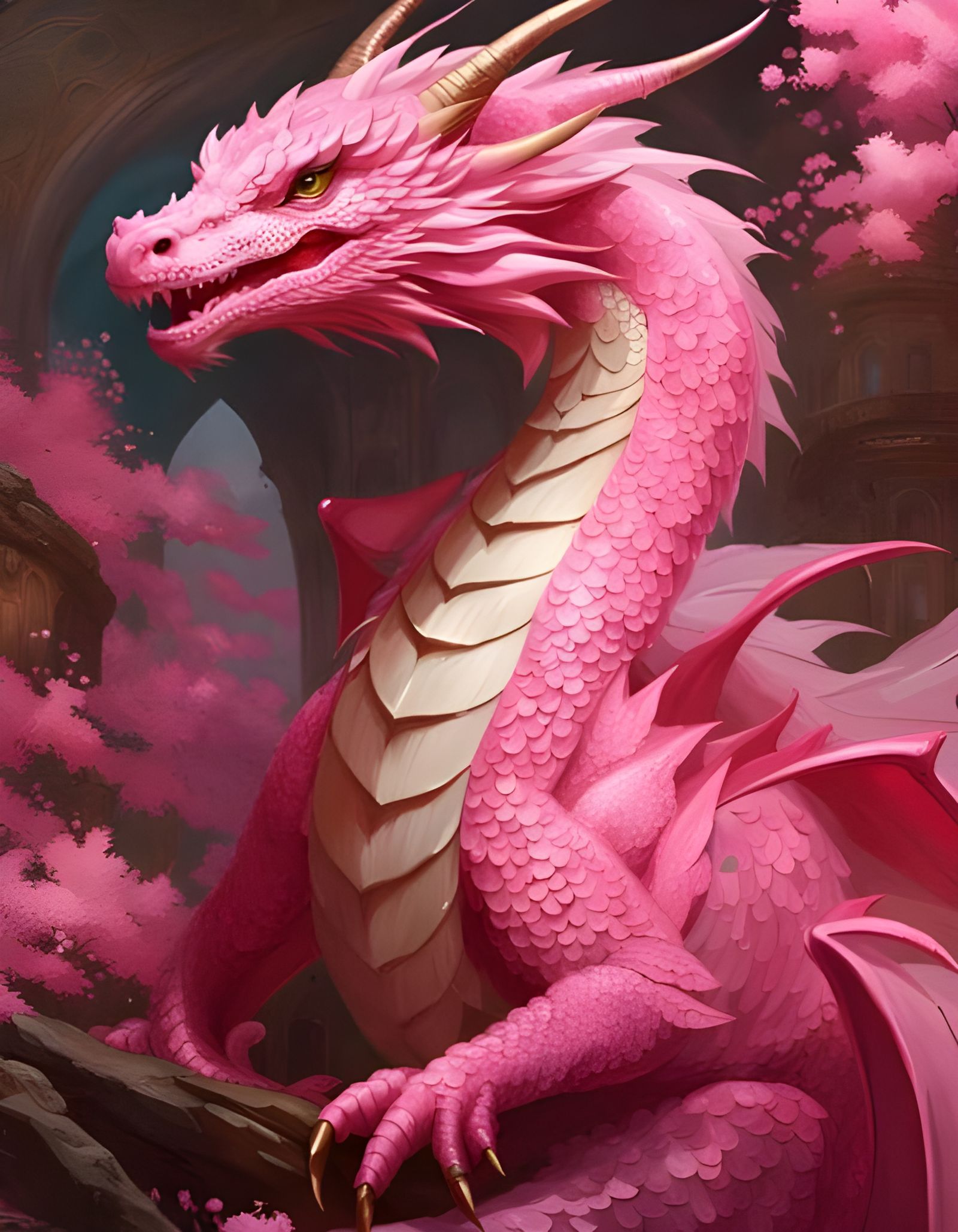 Epic Pink Sakura Dragon in Textured Tempera Painting
