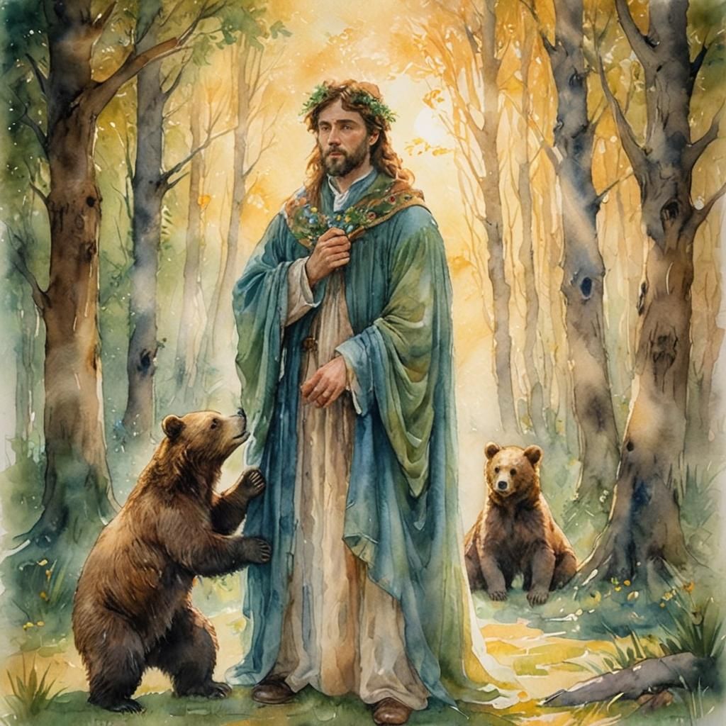 Softly Lit Father Bear with Suckling Cubs in a Dreamy Waterc...