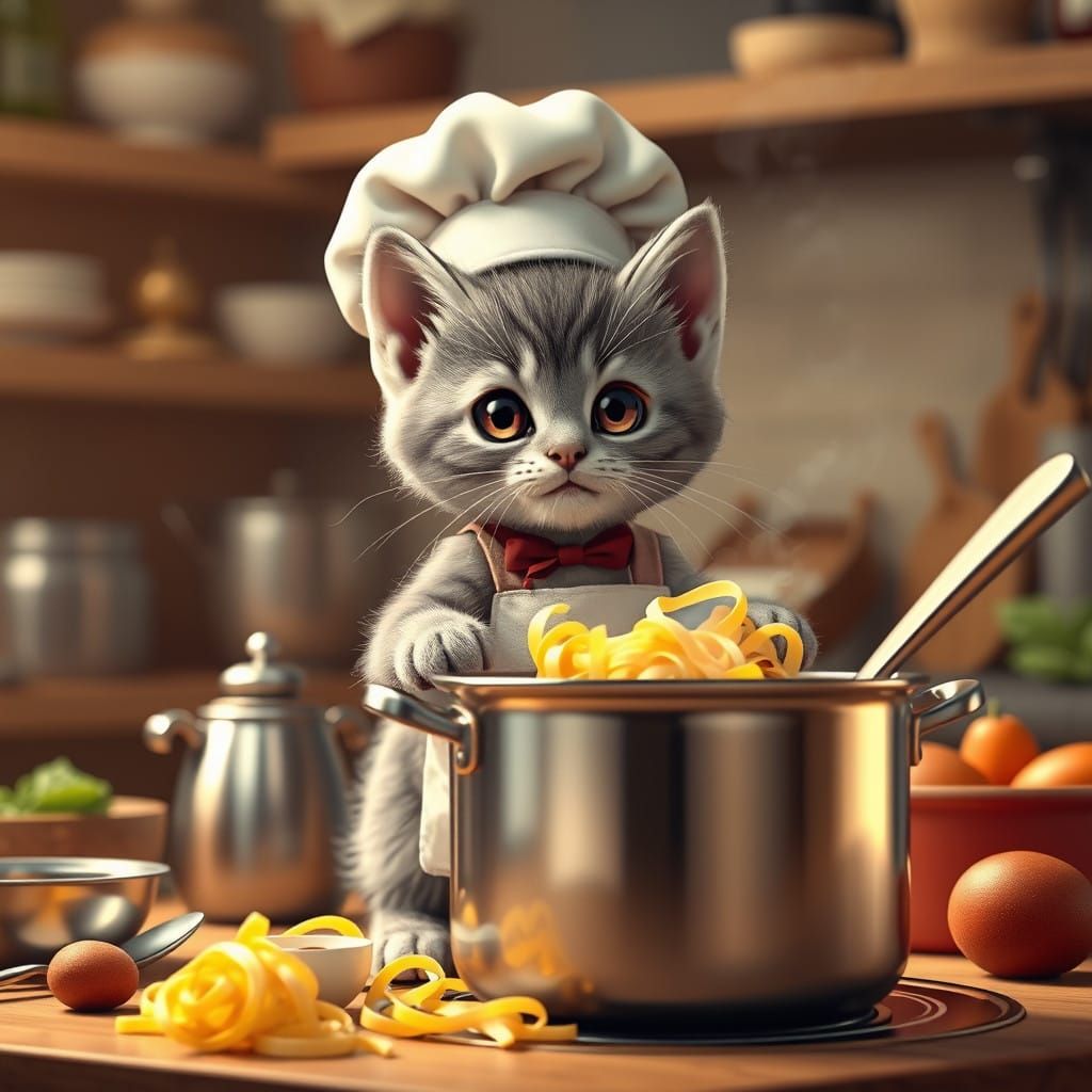 Grey Kitten Chef Prepares Pasta in Cozy Kitchen