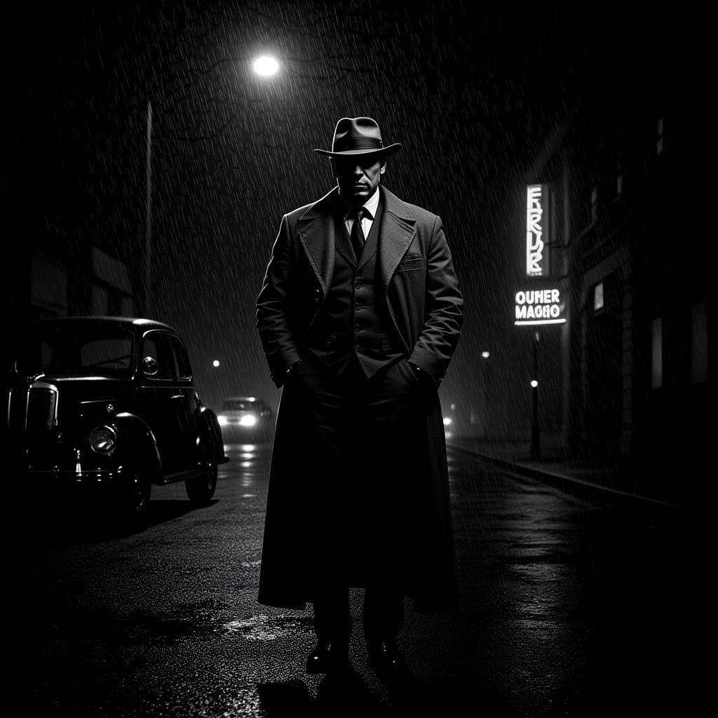 Noir Detective in Rain-Soaked Street: Gritty Black and White