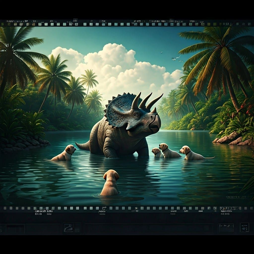 Triceratops and Puppies in Tropical Lagoon