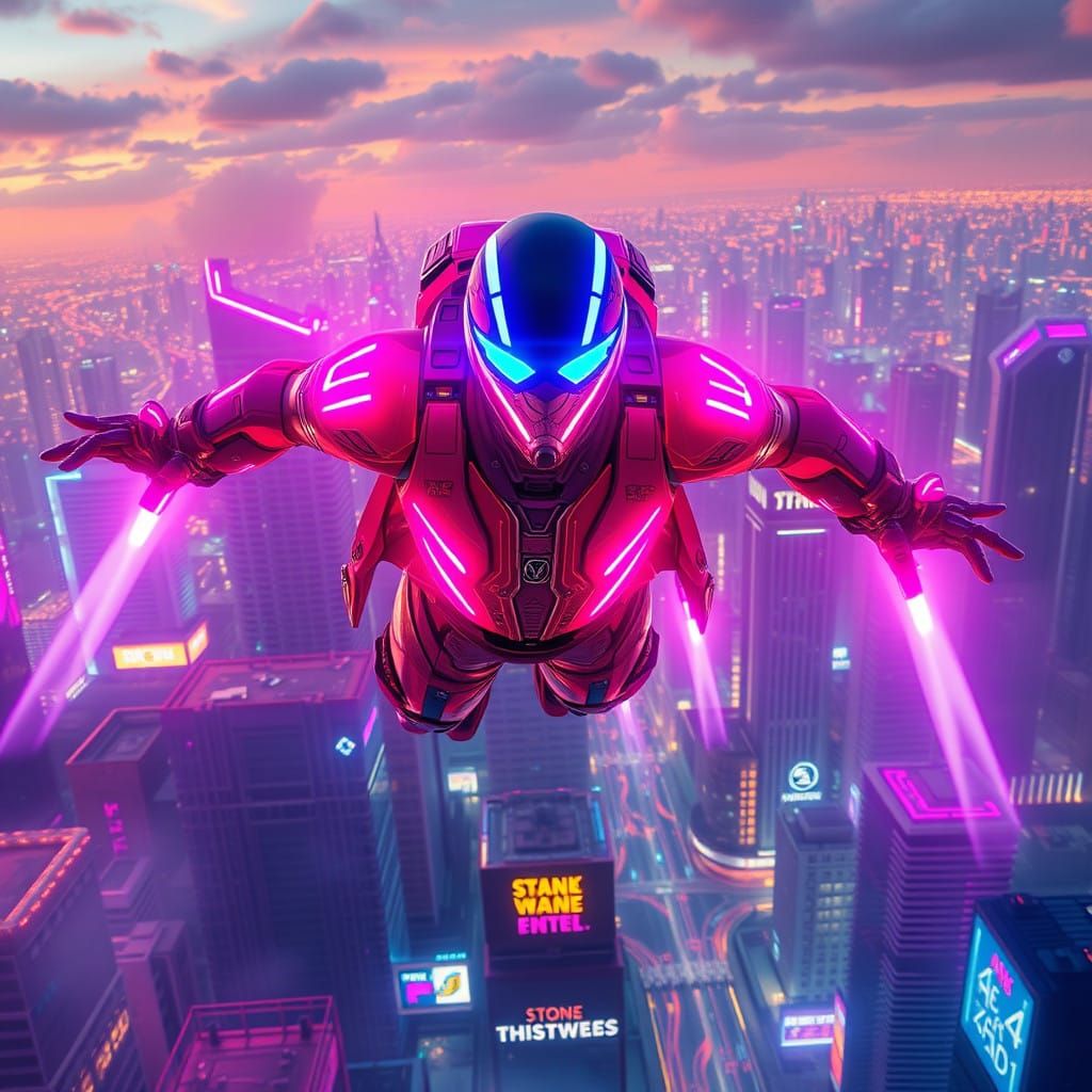 Sleek Neon Avenger Pierces Cyberpunk Skies