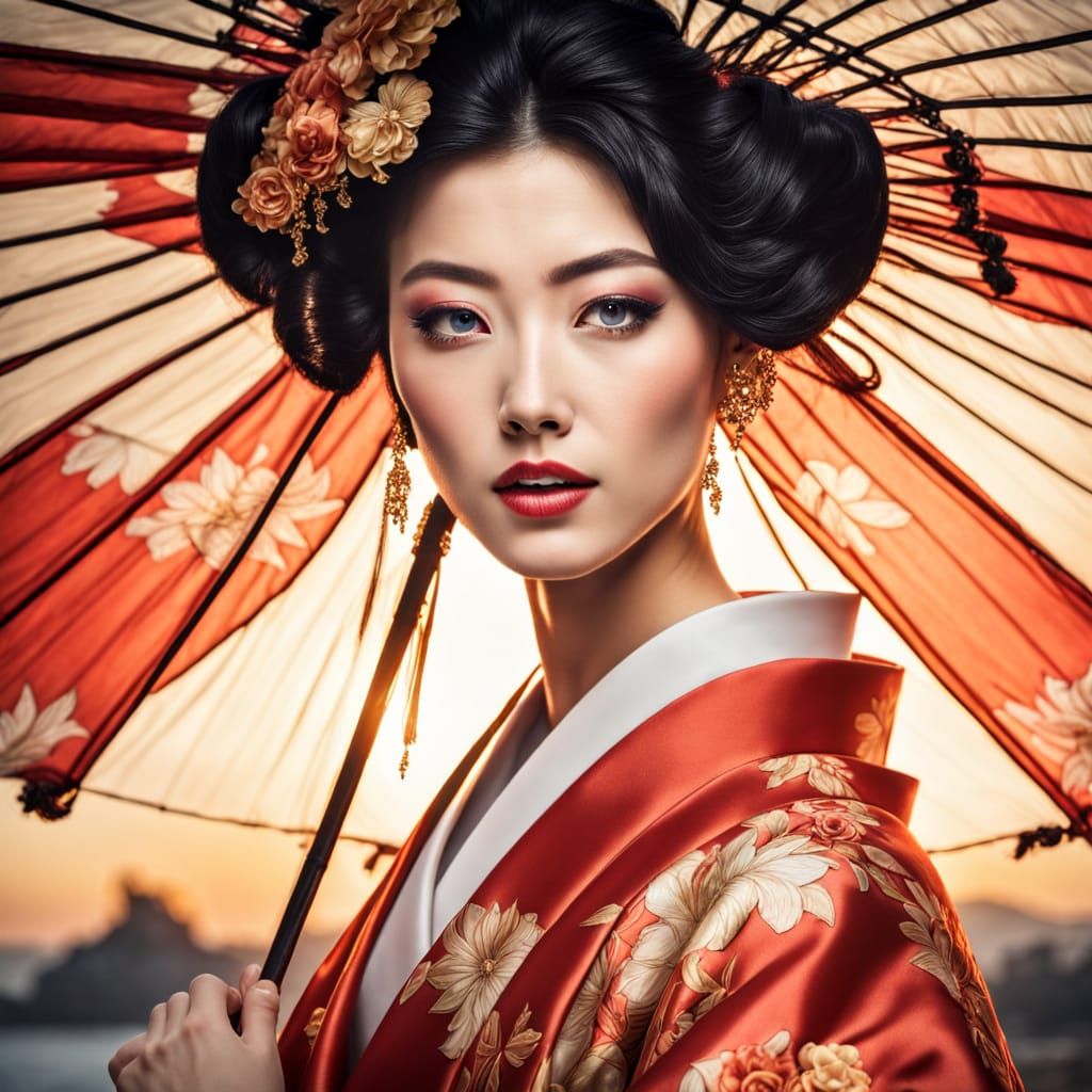 Japanese Geisha Supermodel Selfie in Luis Royo Style