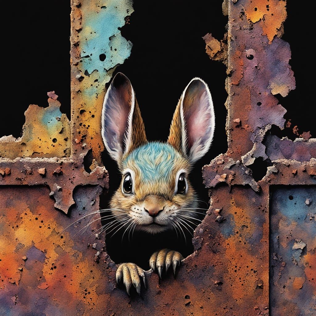 Cute Creature Emerges from Rusty Wall: Hyperrealistic Art
