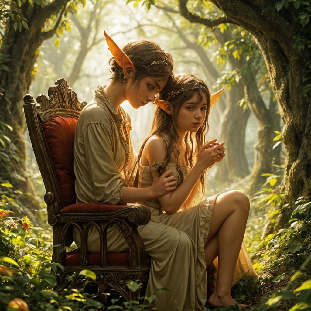 Ethereal Elven Queen in Enchanted Forest Throne