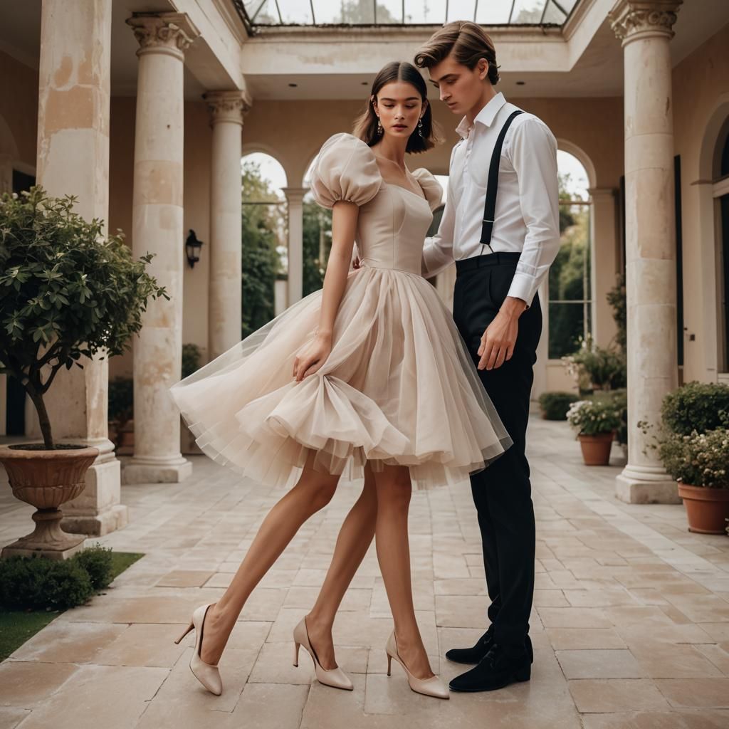Fashion Photo: Boy in Tulle Minidress Curtsies to Girlfriend