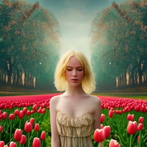 A Blonde Faerie Amidst a Vibrant Tulip Field in Epic Digital...