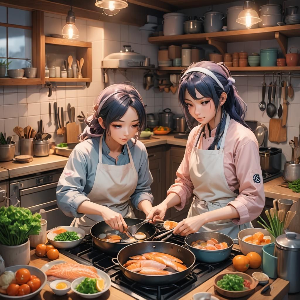 Cozy Anime Kitchen Scene with Two Girls Cooking