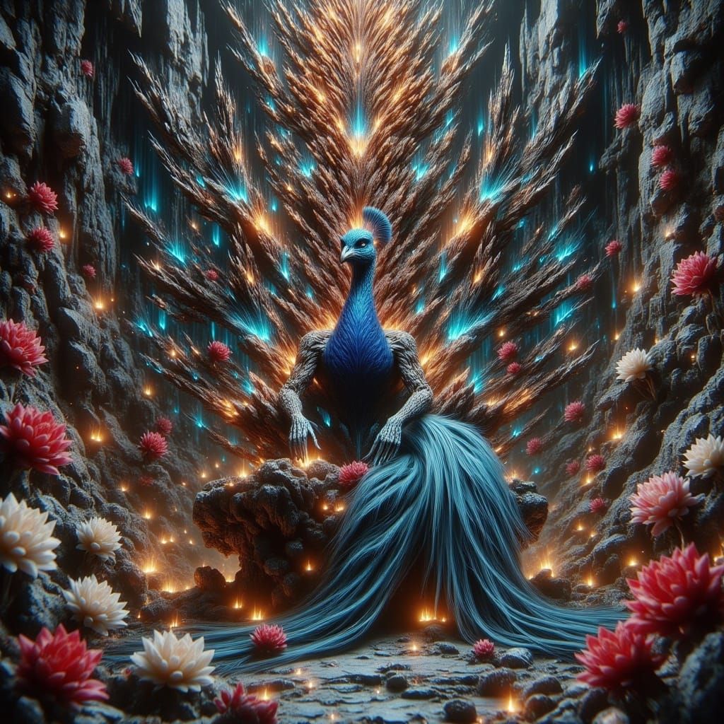 Hyper-Realistic Peacock on Throne in Vibrant Hyper-Maximalis...