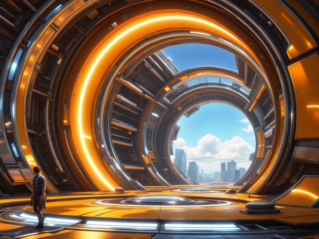 Chell Going Through Portal in Futuristic Style