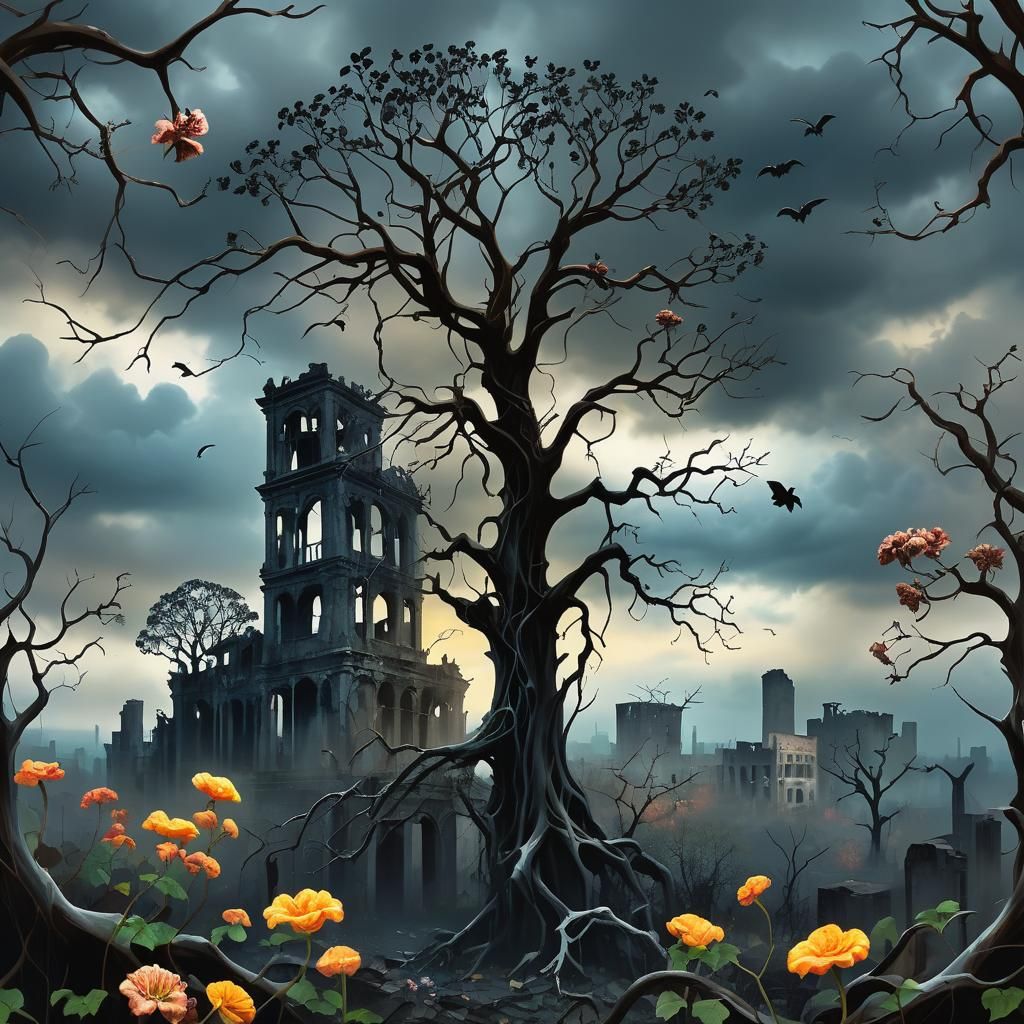 Surreal Gothic Landscape Under Dark Ominous Skies