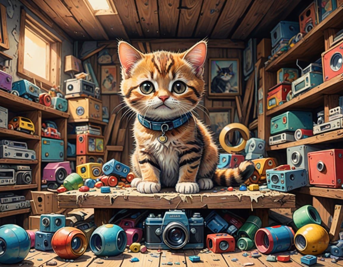 Whimsical Watercolor Kitten in Vintage Attic