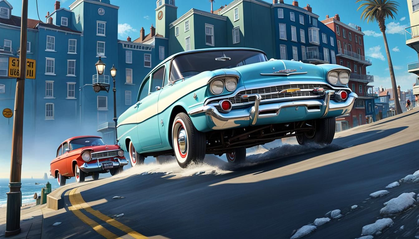 Vibrant Seaside Scene in Photorealistic Oil Painting Style