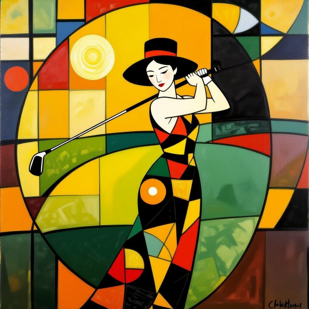 Asian Woman Plays Golf in Cezanne Klimt Style