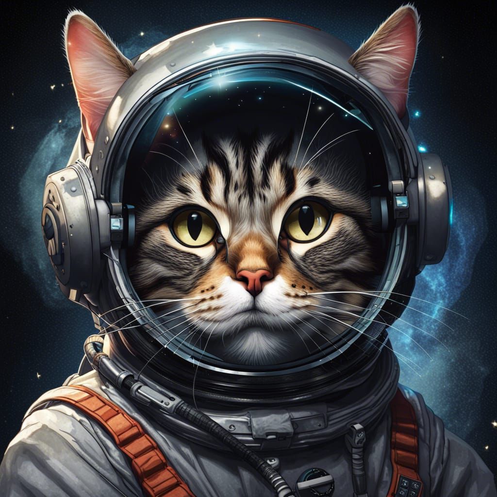 Cat in Futuristic Space Gear, Dark Background, Celestial Por...