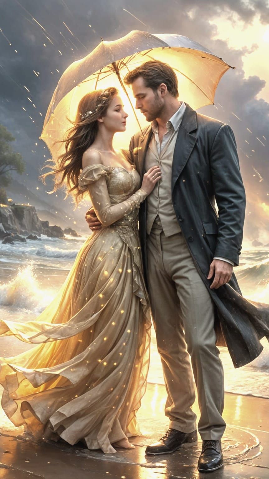 Romantic Beach Scene in Ethereal Storm