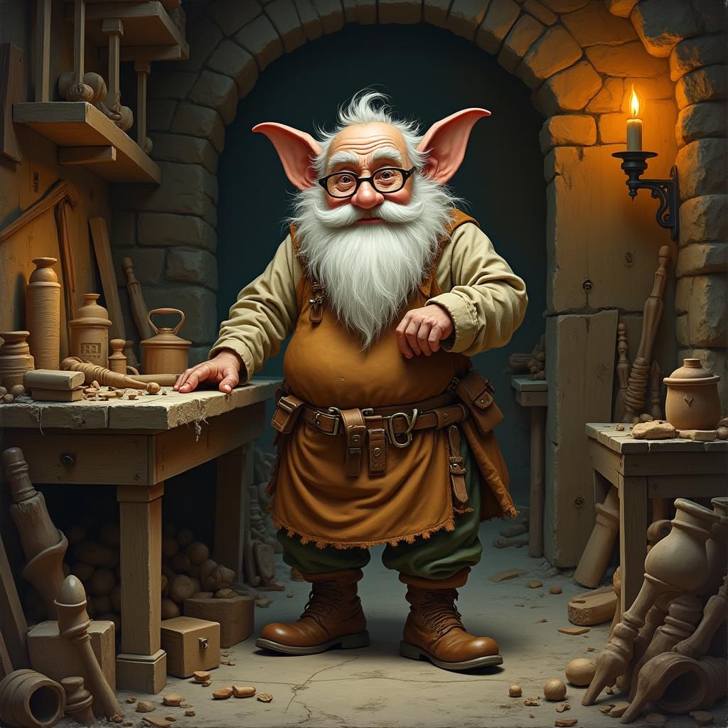 Fantasy Gnome Woodworker in Cozy Underground Lair