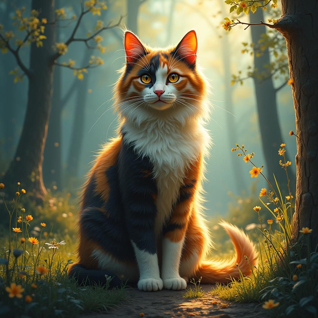 Regal Calico Cat in Surreal Sunset Landscape