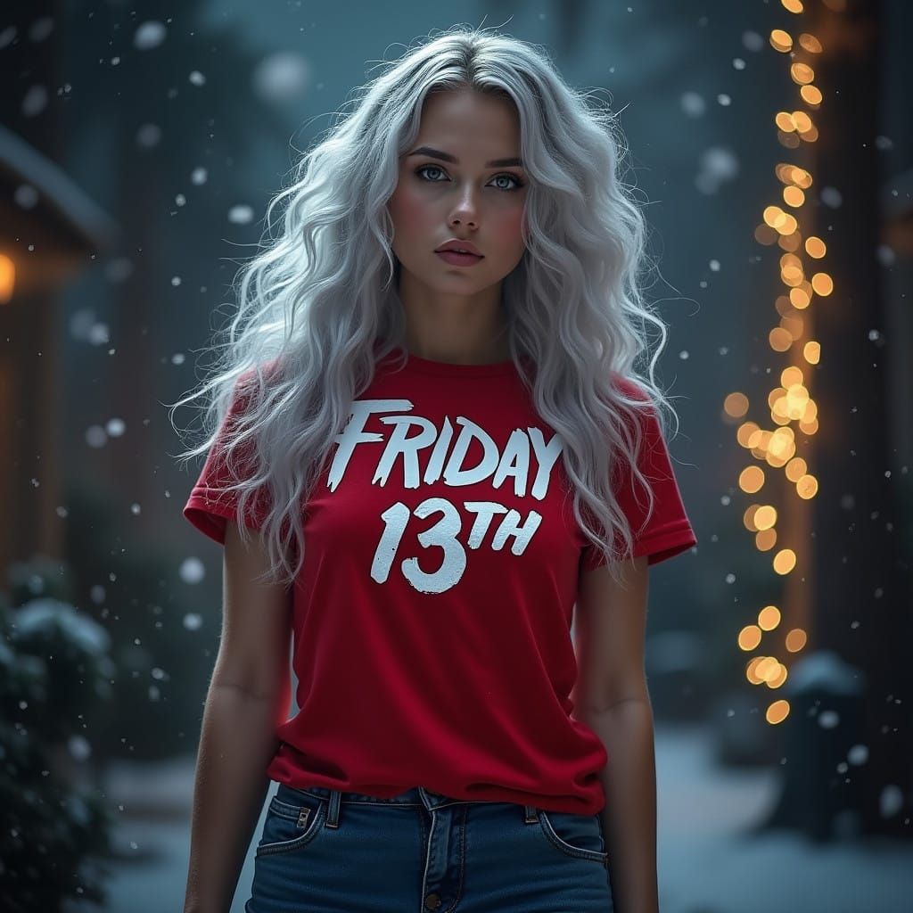 Breathtaking Woman in Red T-Shirt, Surrounded by Snowflakes...
