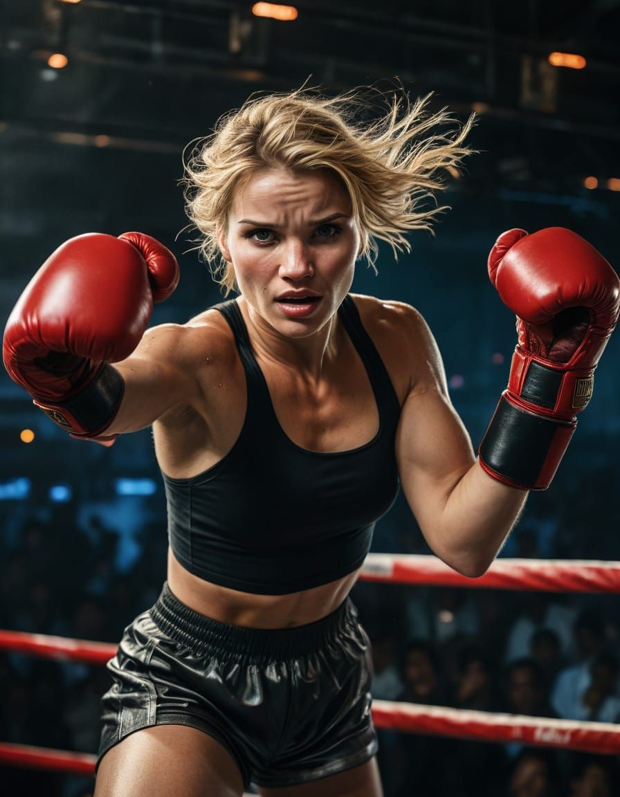 Victorious Blonde Boxer Celebrates in Ring