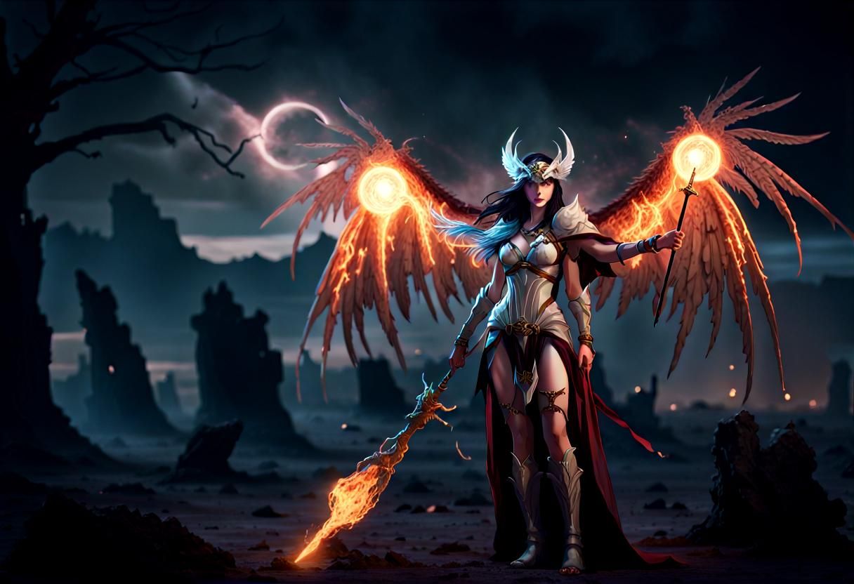 A powerful winged sorcerer stands ready for battle on a barren hellish battlefield, wielding her staff in one hand and h...