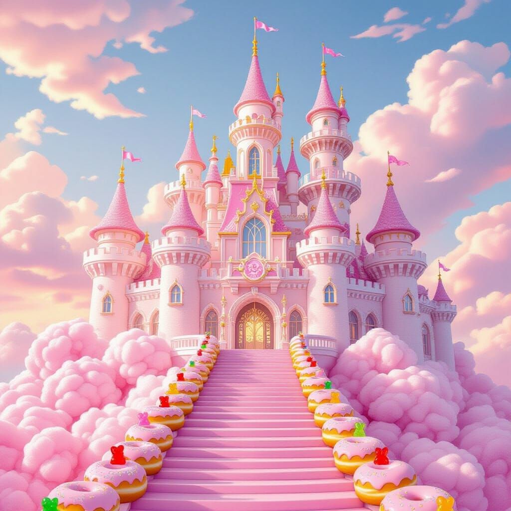 Pink Cotton Candy Palace on Donut Staircase, Whimsical Style