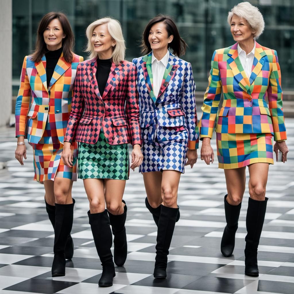 Businesswomen Walking on a Checkerboard in Rainbow Suits
