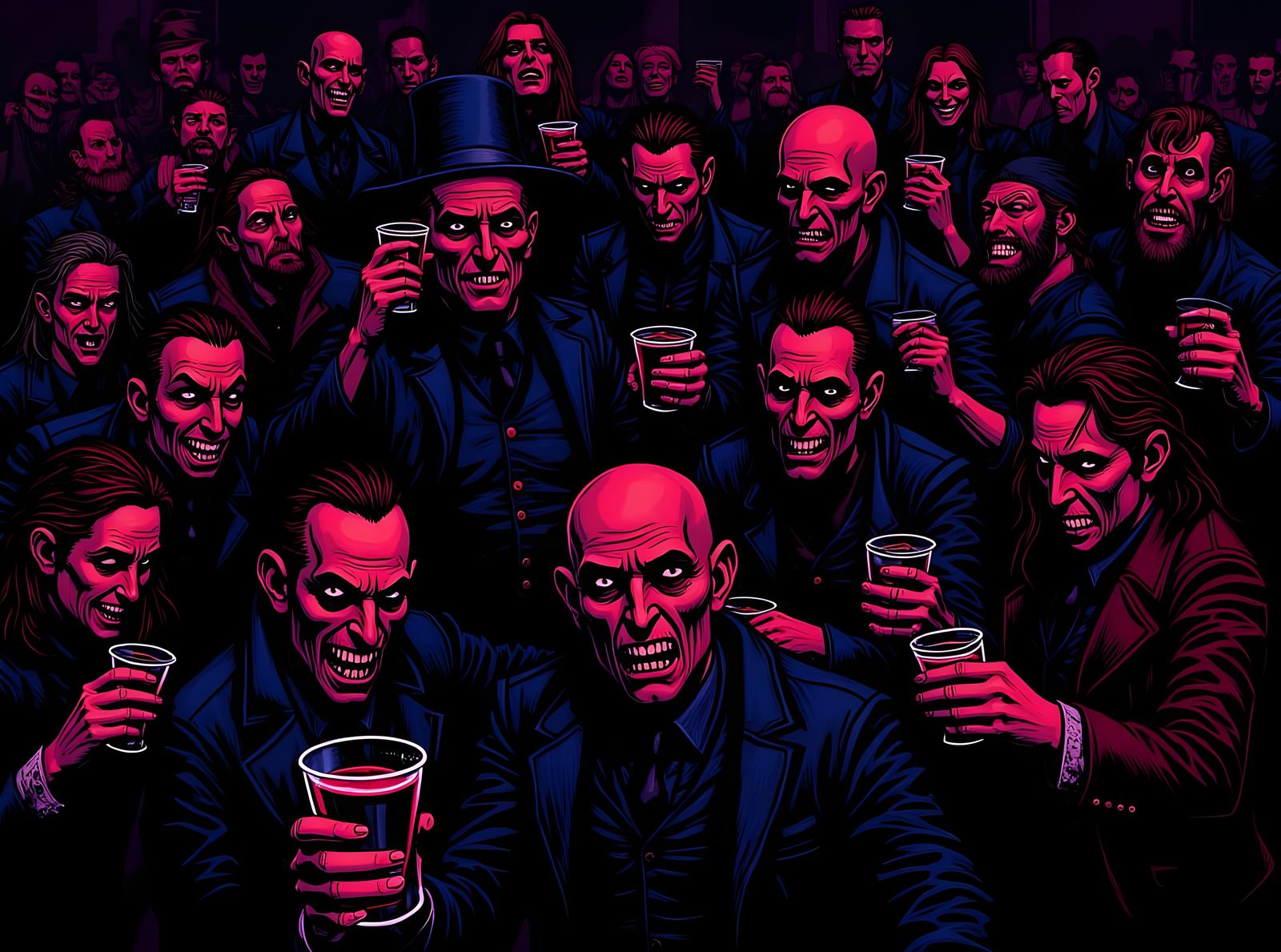 Halloween Party Guests in Grim Costumes Turning to Viewer