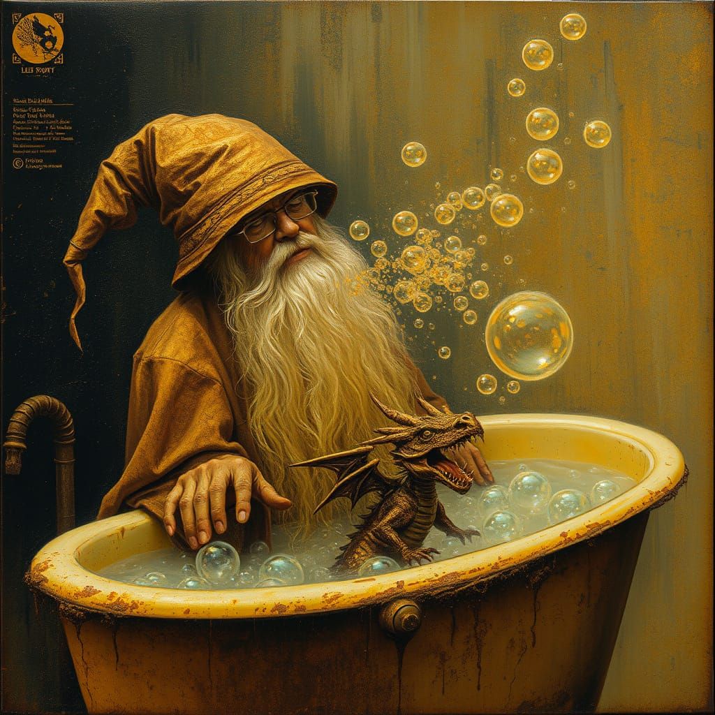 Golden Wizard Blows Bubbles in a Celestial Tub Scene