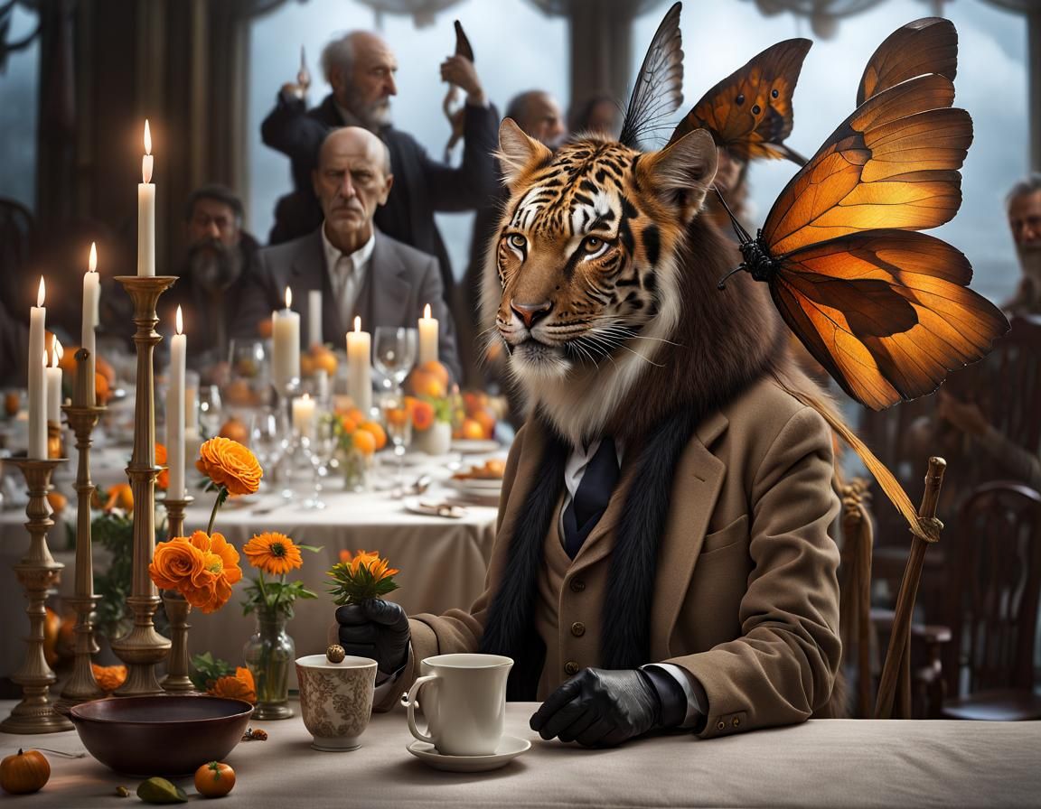 Photorealistic Cat Amidst Butterflies and Moths