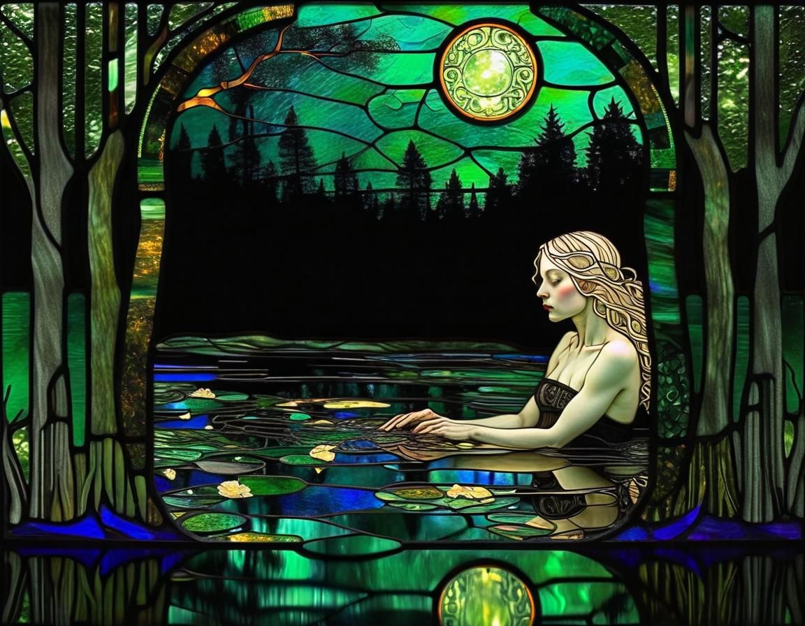 Ethereal Stained Glass Window Depicts a Woman in a Lake at N...