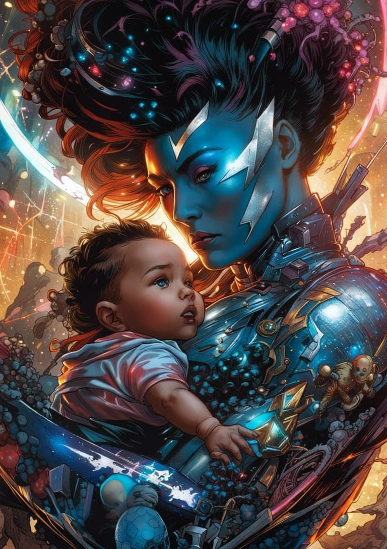 Cyberpunk Goddess Defends Her Child in Hypervivid HDR Hologr...