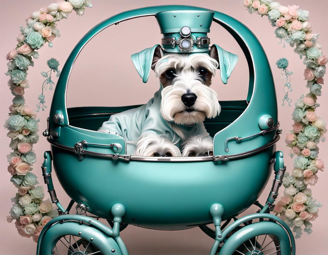 Schnauzer Puppy in a Stroller