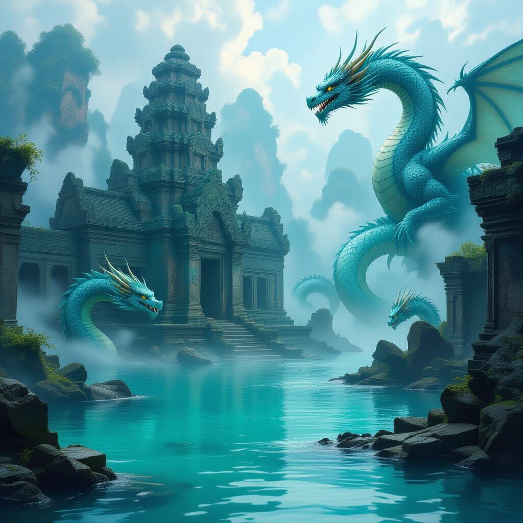 Misty Temple Ruins With Dragons in Fantastical Style